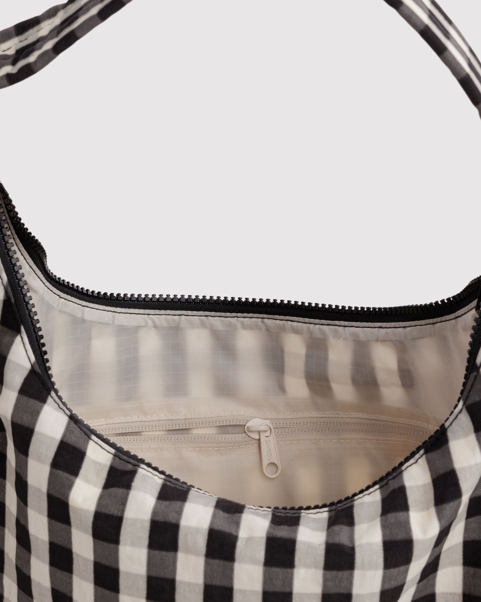 Nylon Shoulder Bag - Black and Cream Gingham