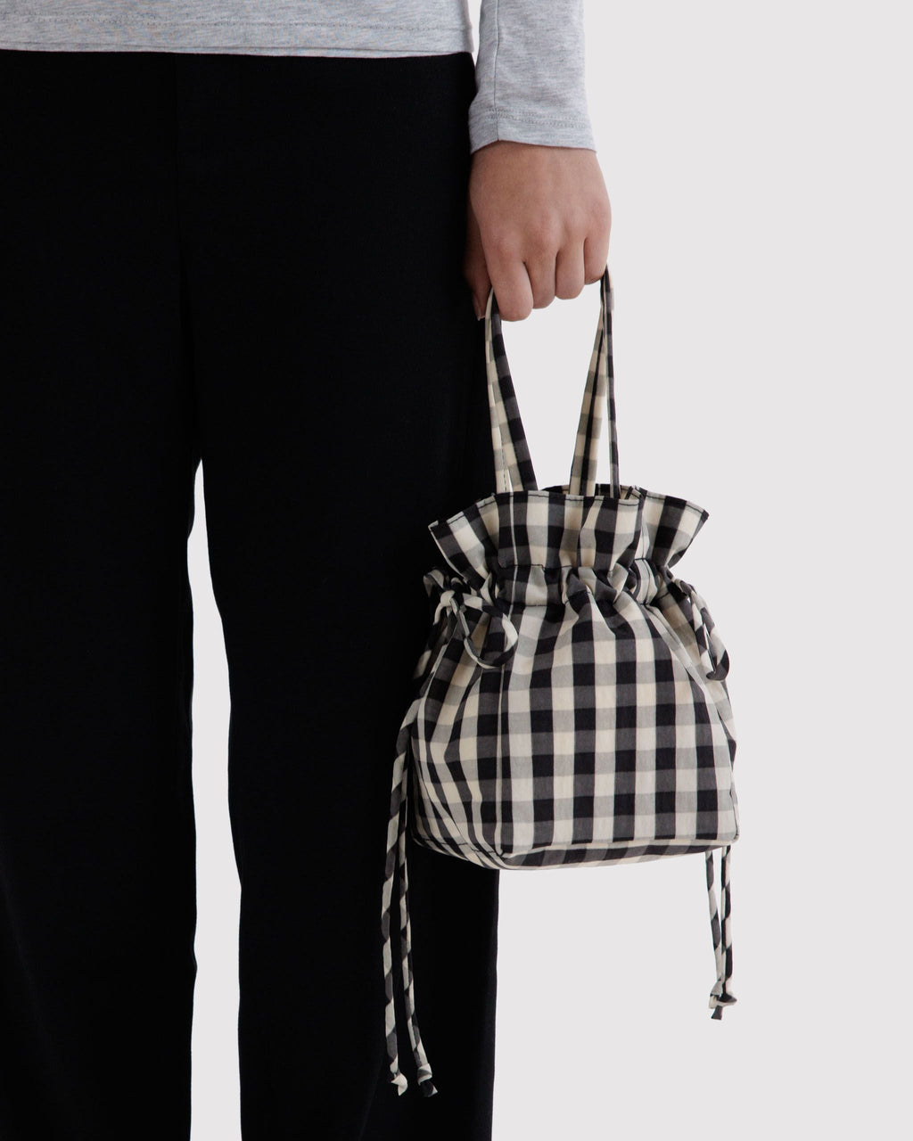 Nylon Drawstring Bag - Black and Cream Gingham