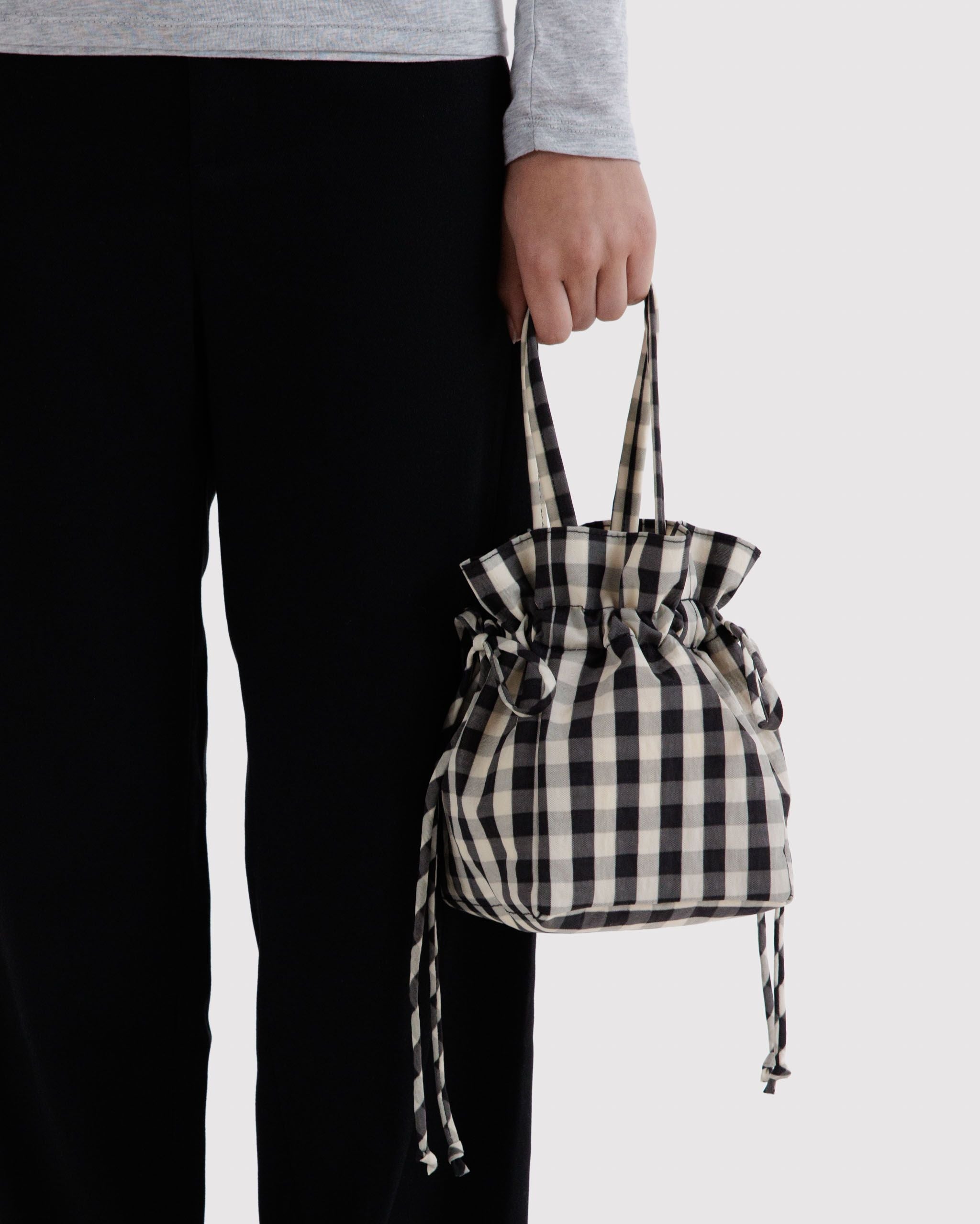 Nylon Drawstring Bag - Black and Cream Gingham