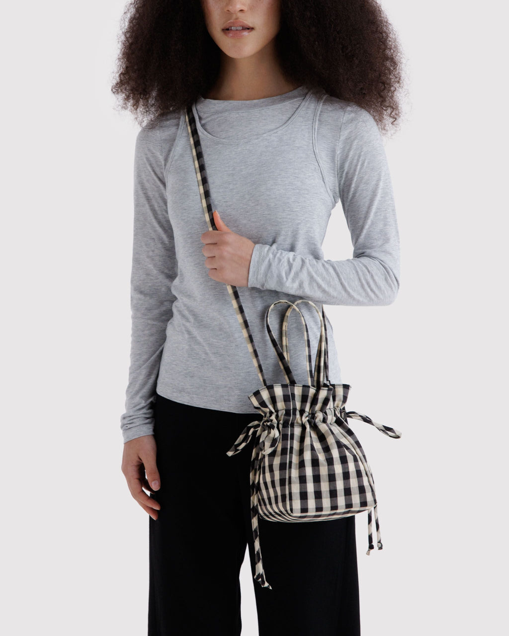 Nylon Drawstring Bag - Black and Cream Gingham