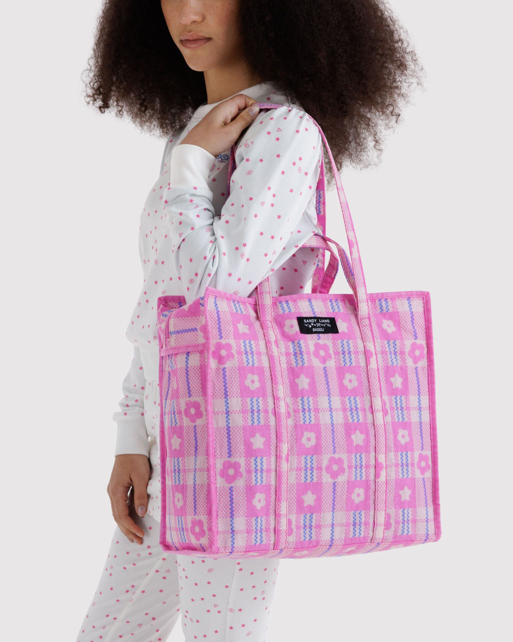 Large Nylon Market Bag - Market Plaid Pink