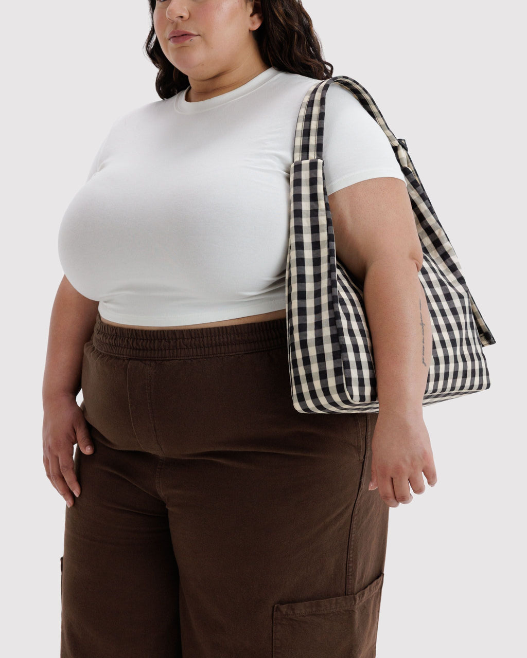 Nylon Shoulder Bag - Black and Cream Gingham